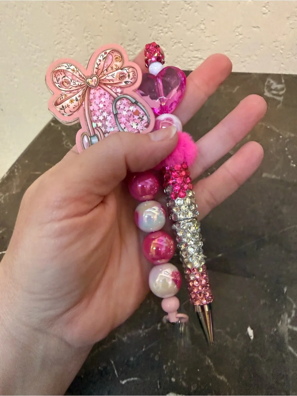 Pink Fur Stethoscope Rhinestone Beaded Pen and Matching Badge Reel Set Handmade